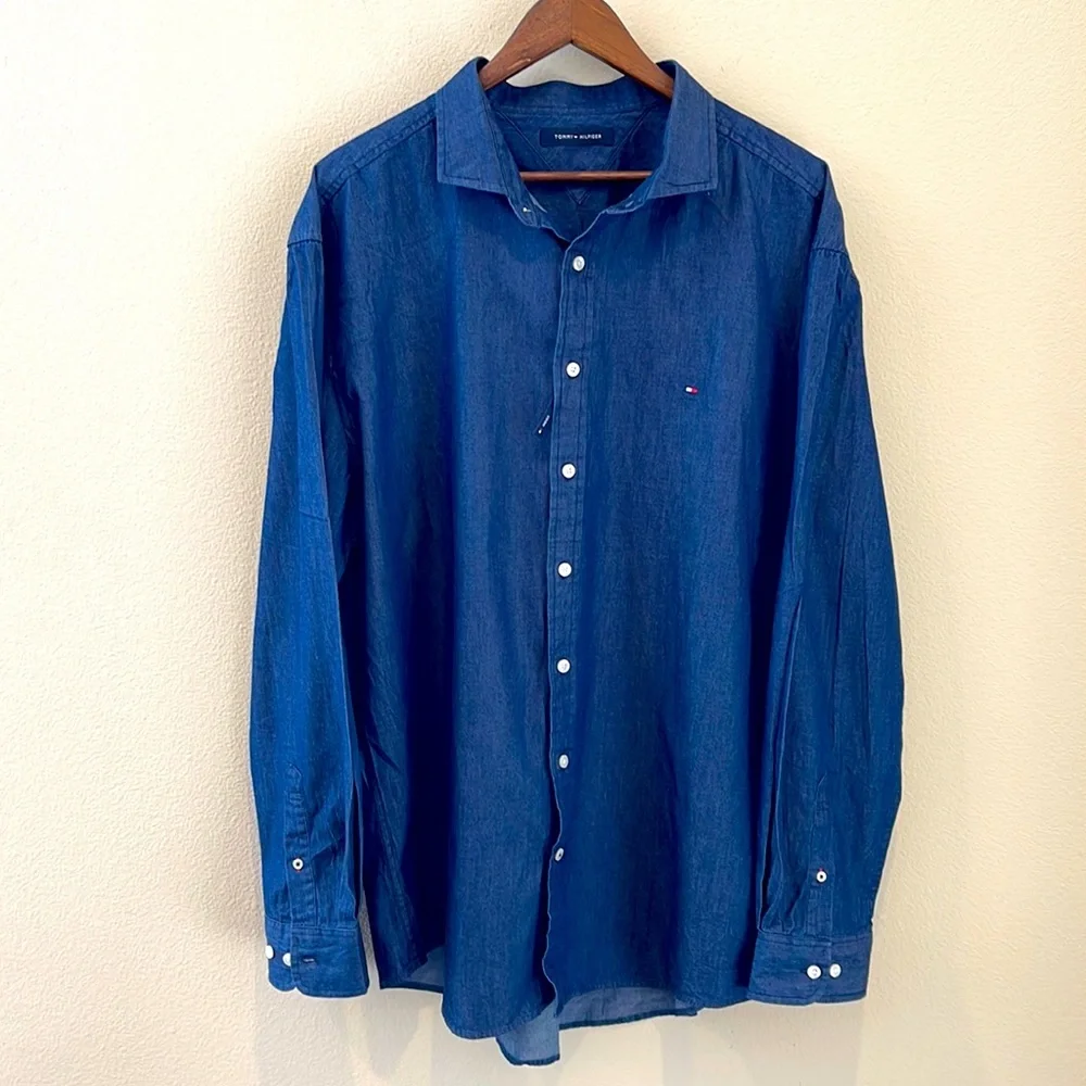 Tommy Hilfiger Button Up Casual Dress Shirt Navy Blue - Picture 1 of 9